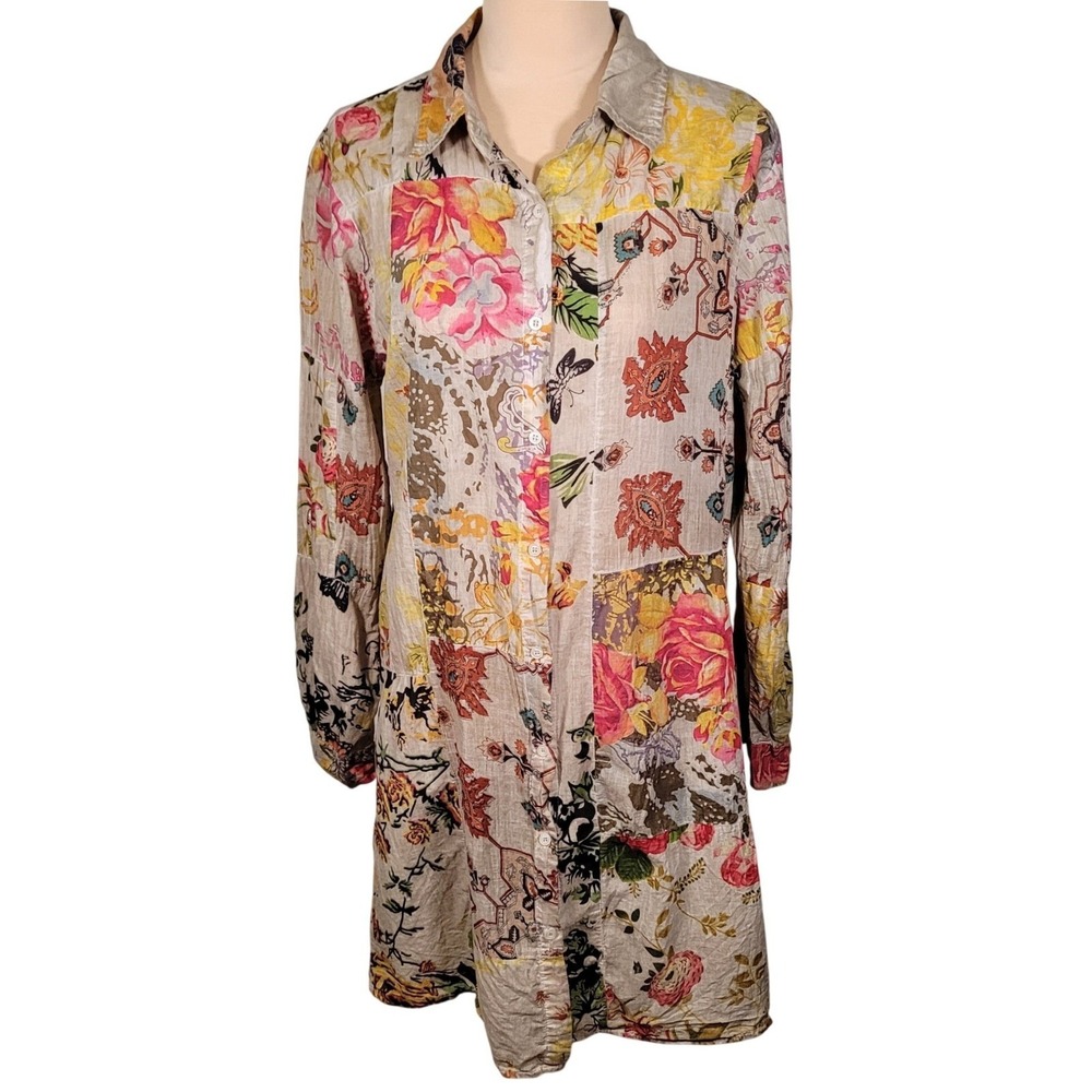 Vintage Goa True Patchwork Shirt‎ Dress S Cotton Grey Tea Stain Overdyed Grunge
